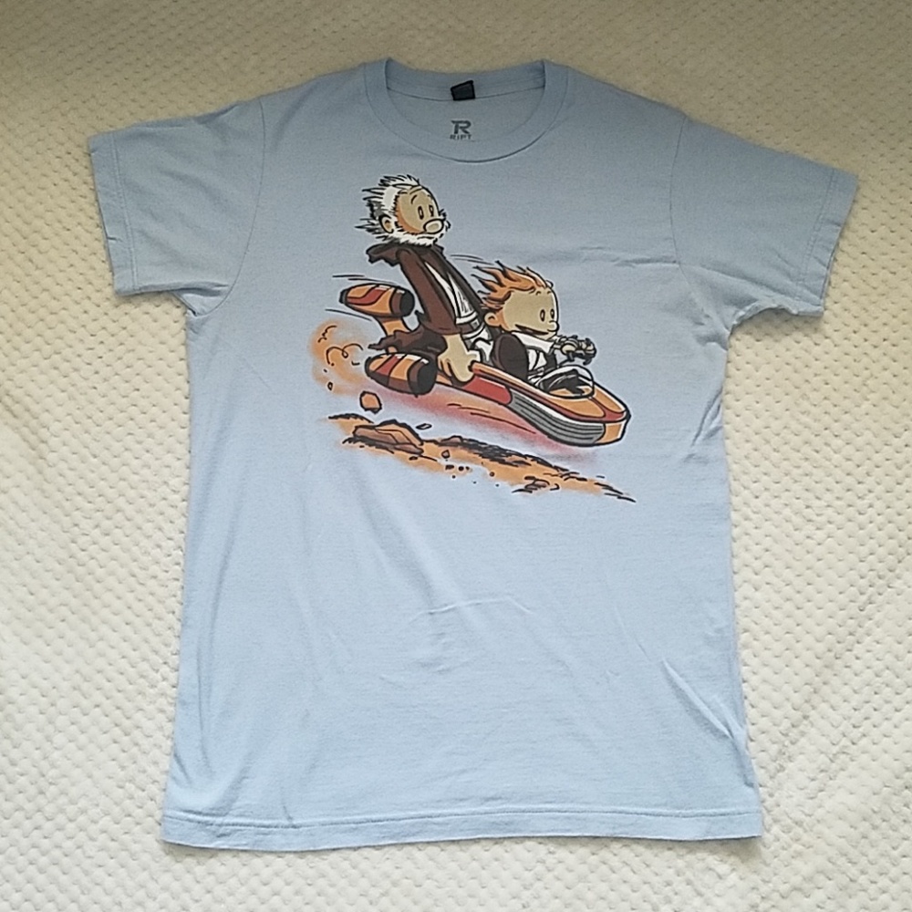 Mens blue Calvin and Hobbs/Star Wars shirt